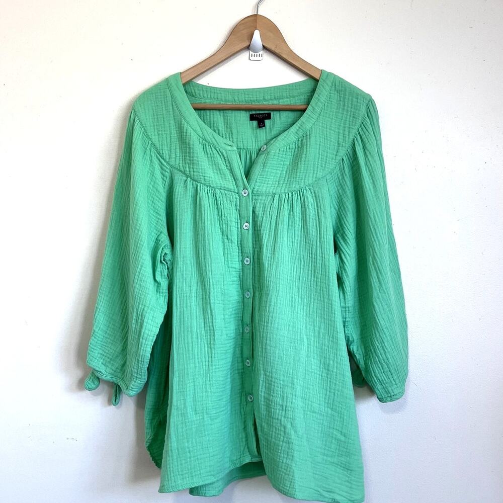 Talbots Plus Gauzy Womens Shirt Size‎ X US 14W Green Button Up 100% Cotton India